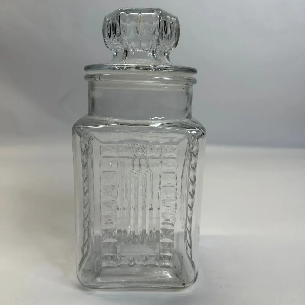 Vintage Clear Glass Square Apothecary Jar with Hexagonal Lid Embossed Detail